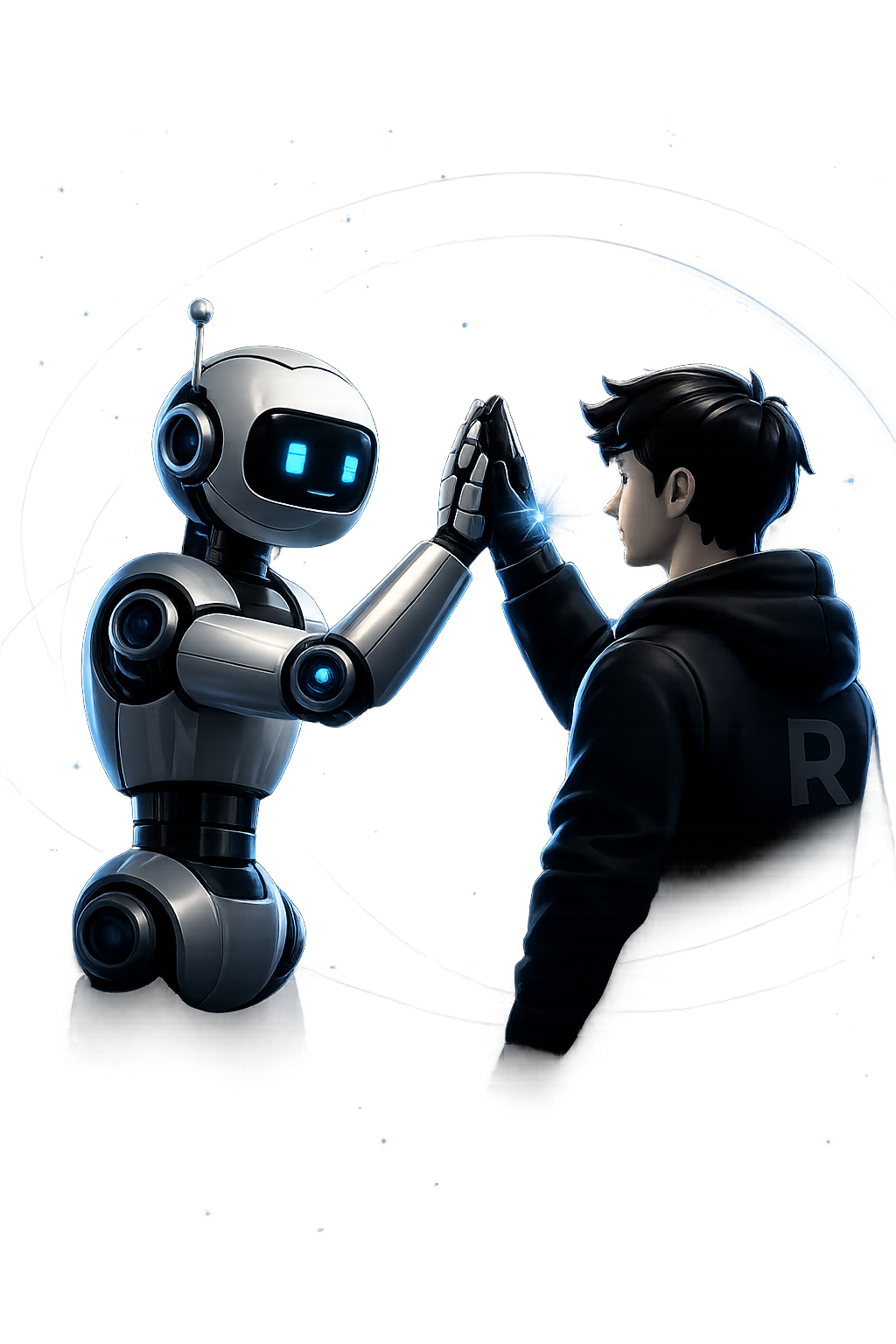 Boy and Robot high-fiving in space